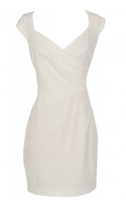 Crossover Designer Sheath Dress With Mini Sleeves in Off-White
